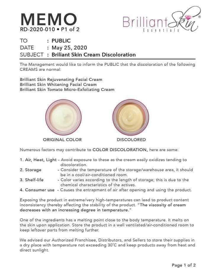 Memo about skin cream discoloration with product images.