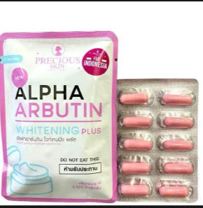 Packaging of Precious Skin ALPHA ARBUTIN Whitening Plus Powder with 10 capsules for body lotion application, with visual emphasis on the product's whitening feature.