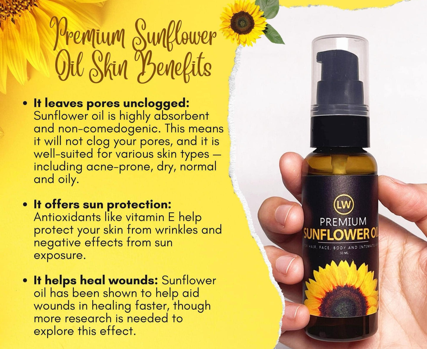 LW Premium Sunflower Oil for Hair Body and Intimate Area 50ml debsline.co