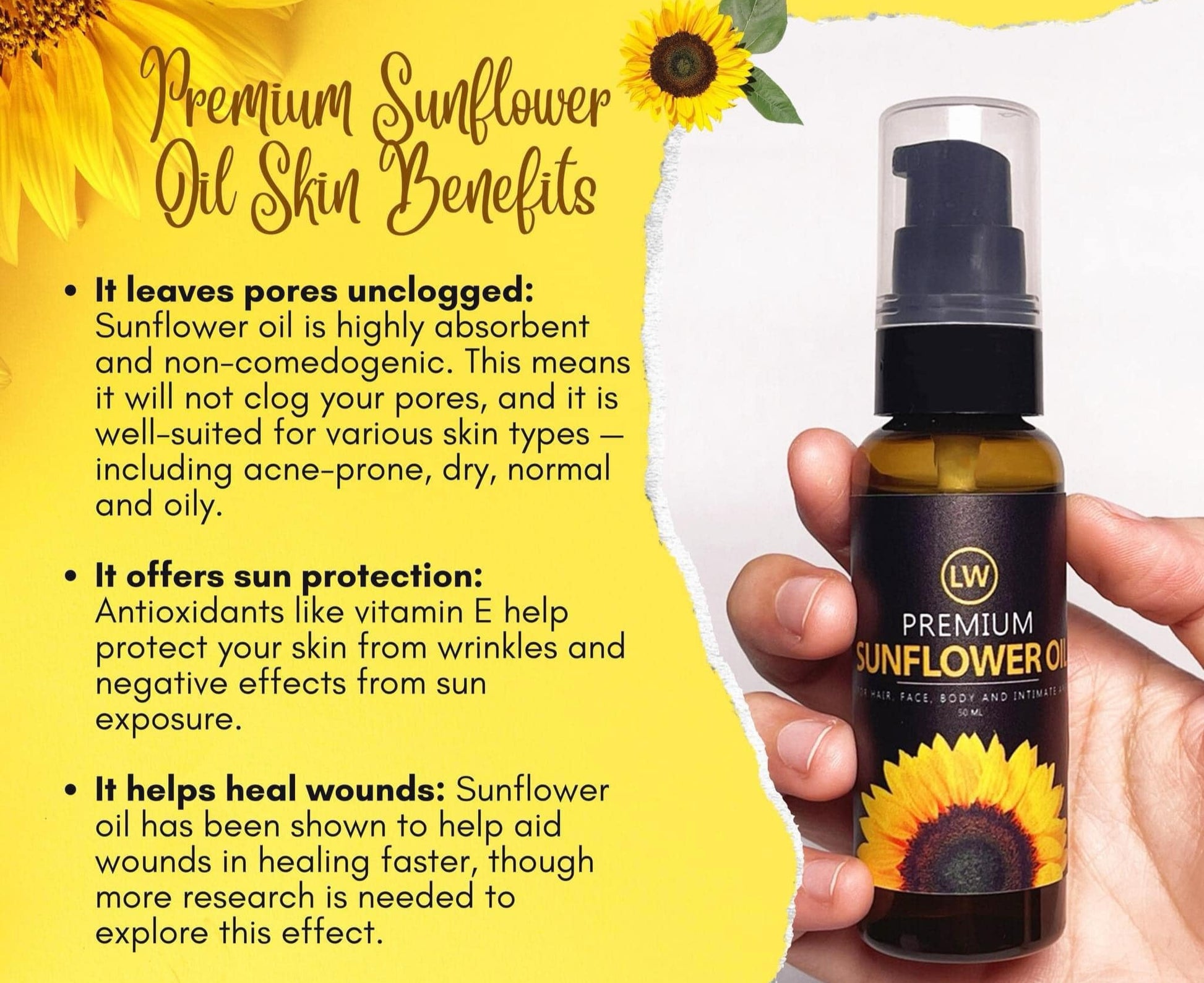 LW Premium Sunflower Oil for Hair Body and Intimate Area 50ml debsline.co