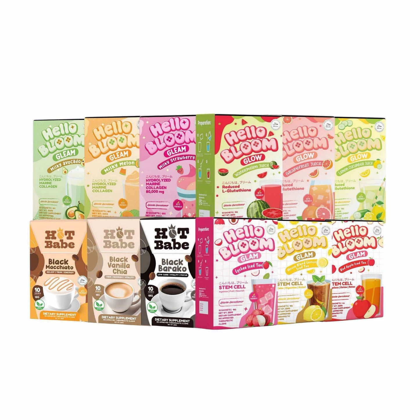Hello Bloom Gleam, Glow Glam Beauty & Weight Management Drink Powdered Mix 10 Sachets in a Box