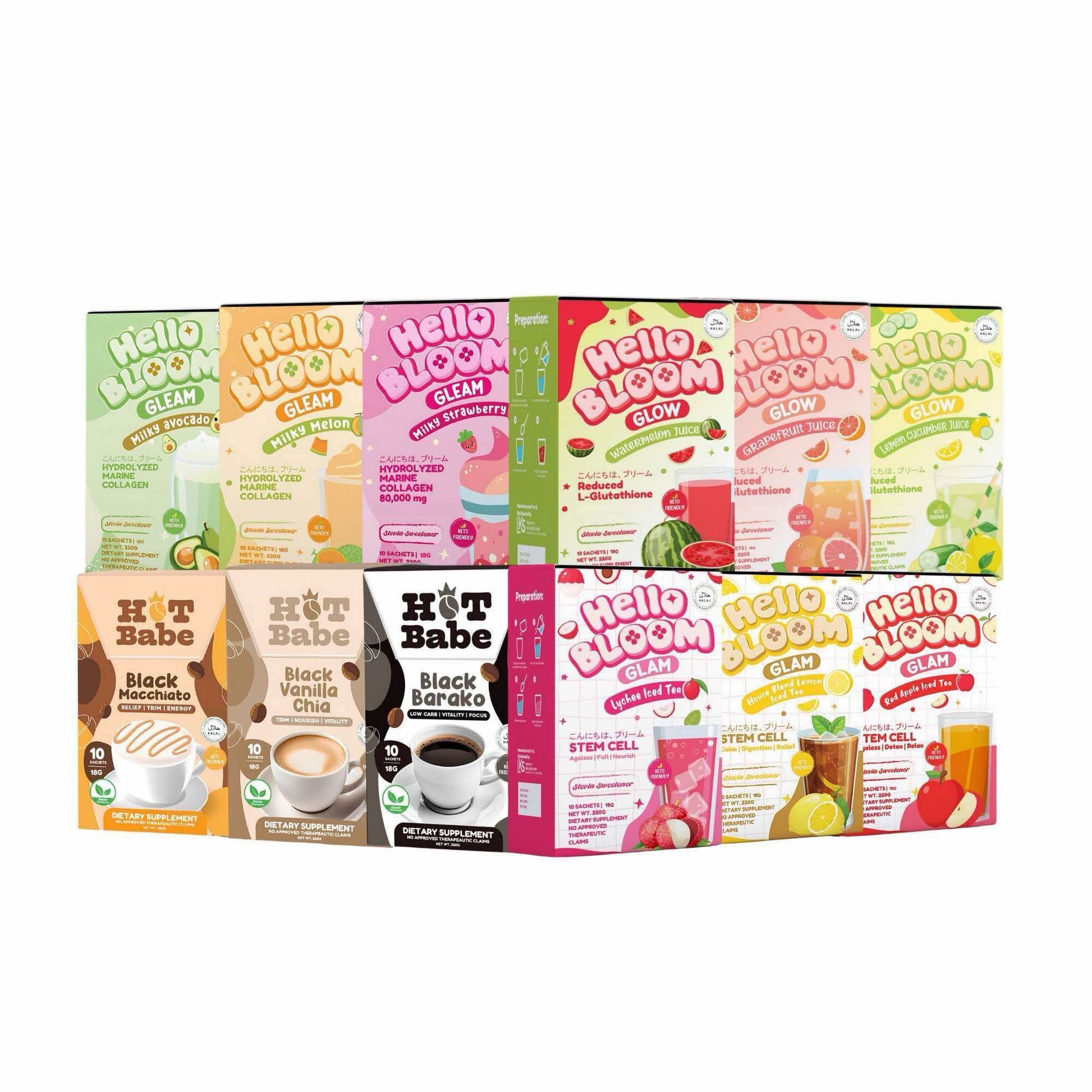 Hello Bloom Gleam, Glow Glam Beauty & Weight Management Drink Powdered Mix 10 Sachets in a Box