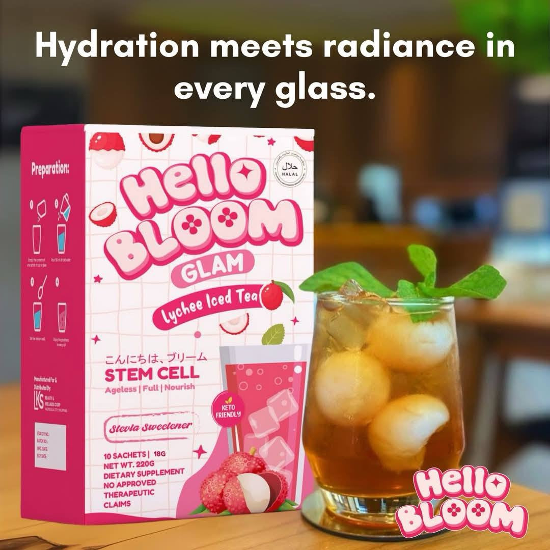 Hello Bloom Gleam, Glow Glam Beauty & Weight Management Drink Powdered Mix 10 Sachets in a Box stem cell glam lychee iced tea debsline.co