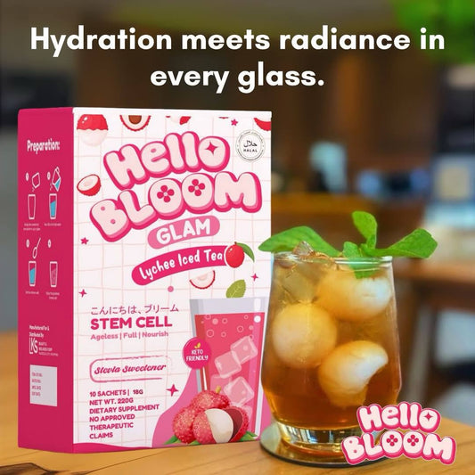 Hello Bloom Gleam, Glow Glam Beauty & Weight Management Drink Powdered Mix 10 Sachets in a Box stem cell glam lychee iced tea debsline.co