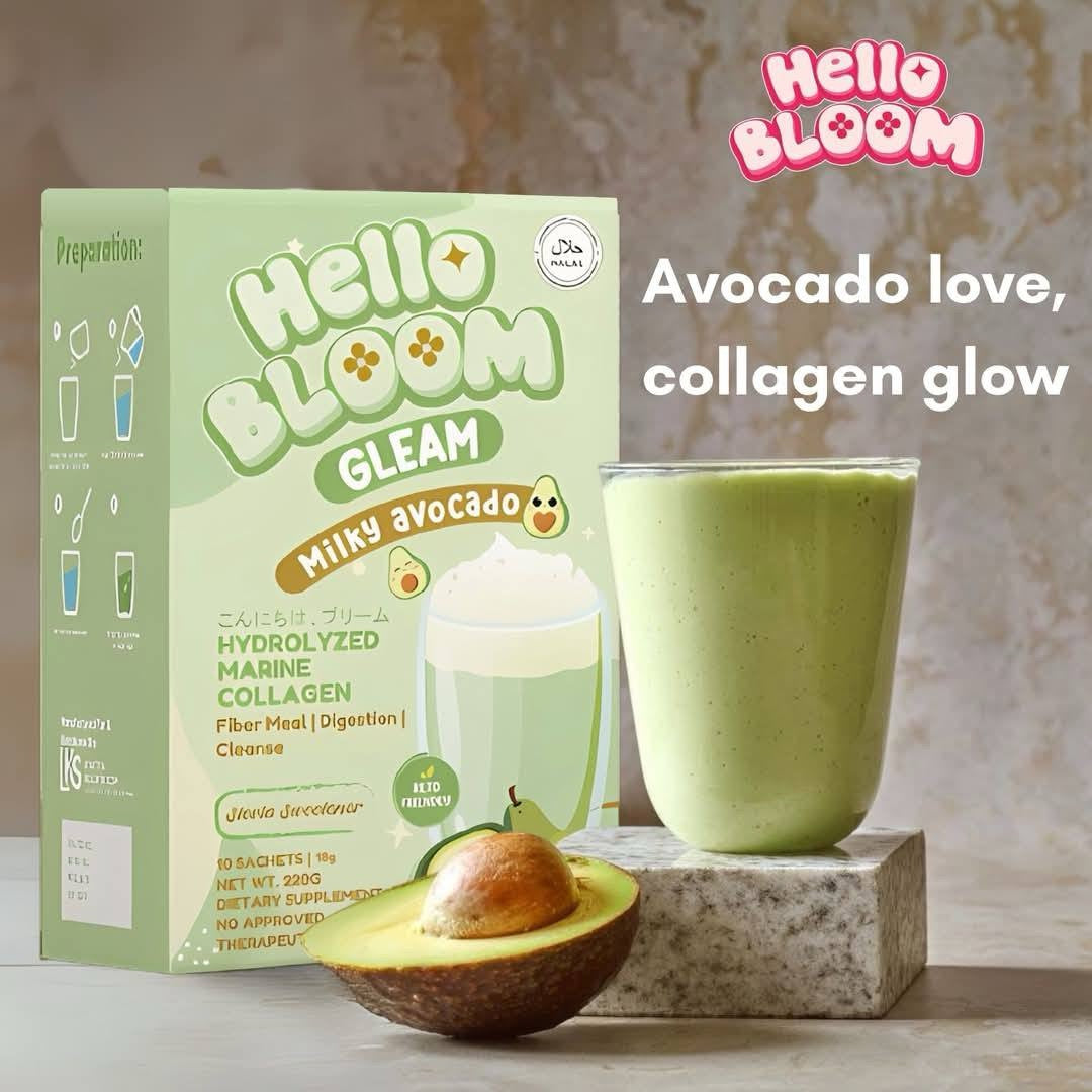 Hello Bloom Gleam, Glow Glam Beauty & Weight Management Drink Powdered Mix 10 Sachets in a Box gleam milky avocado debsline.co