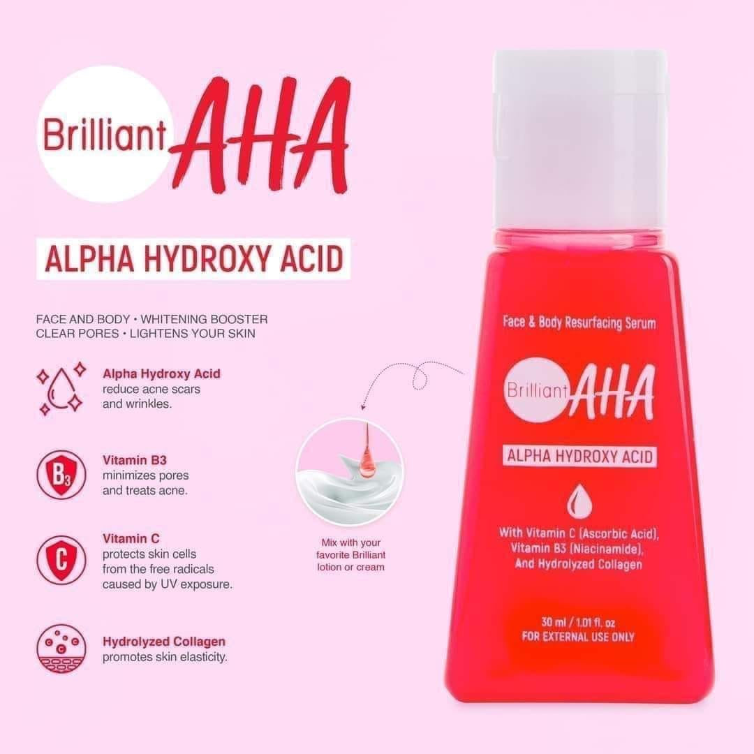 Brilliant Skin AHA Serum 30ml Each or Face and Body Gentle Essentials Water 100ml