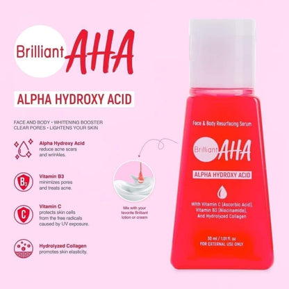 Brilliant Skin AHA Serum 30ml Each or Face and Body Gentle Essentials Water 100ml