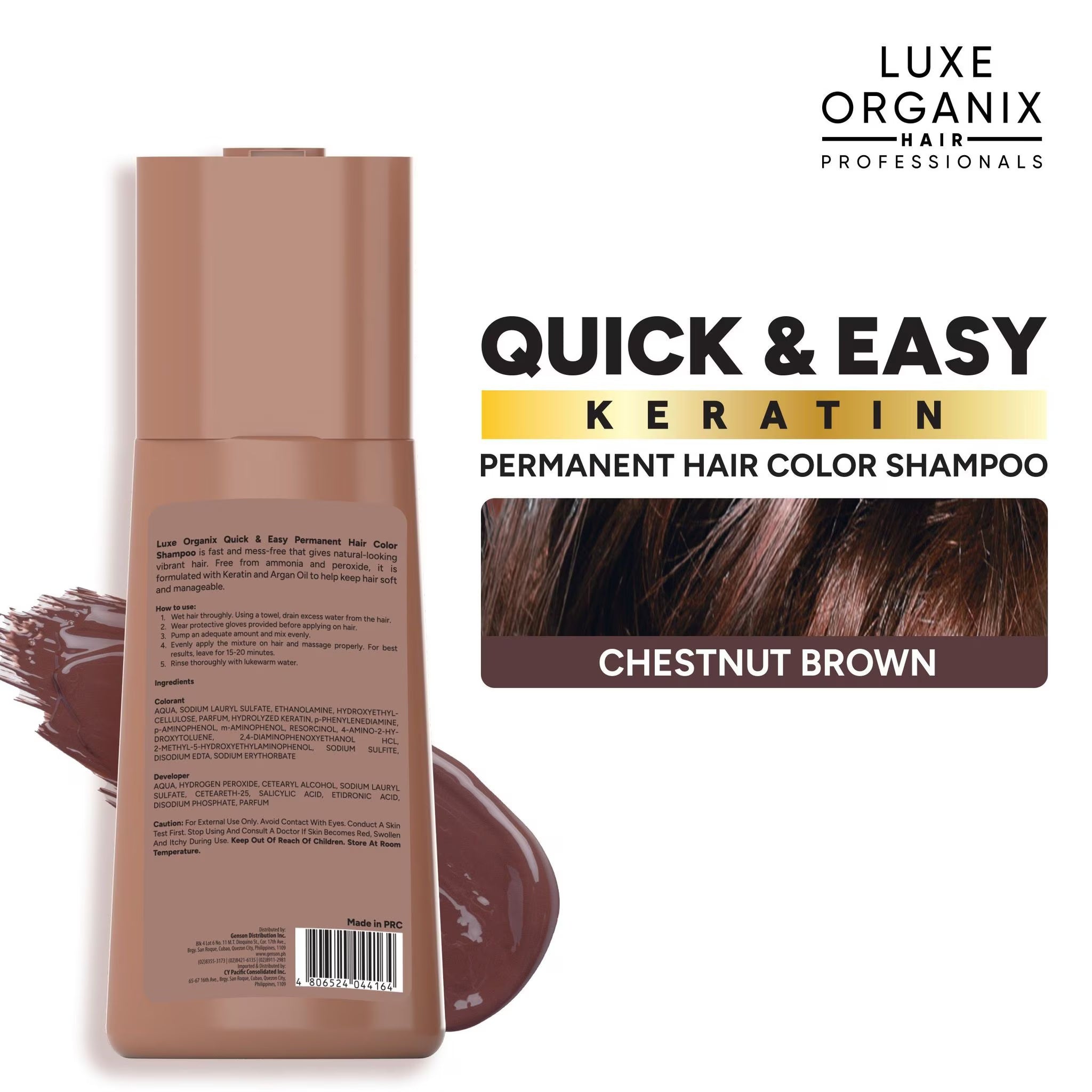Luxe Organix Quick & Easy Keratin Permanent Hair Color Shampoo bottle with chestnut brown color swatch on a white background