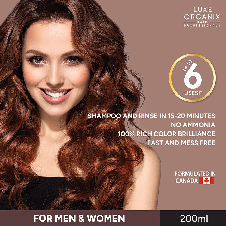Woman with styled hair, Luxe Organix hair product advertisement on a brown background