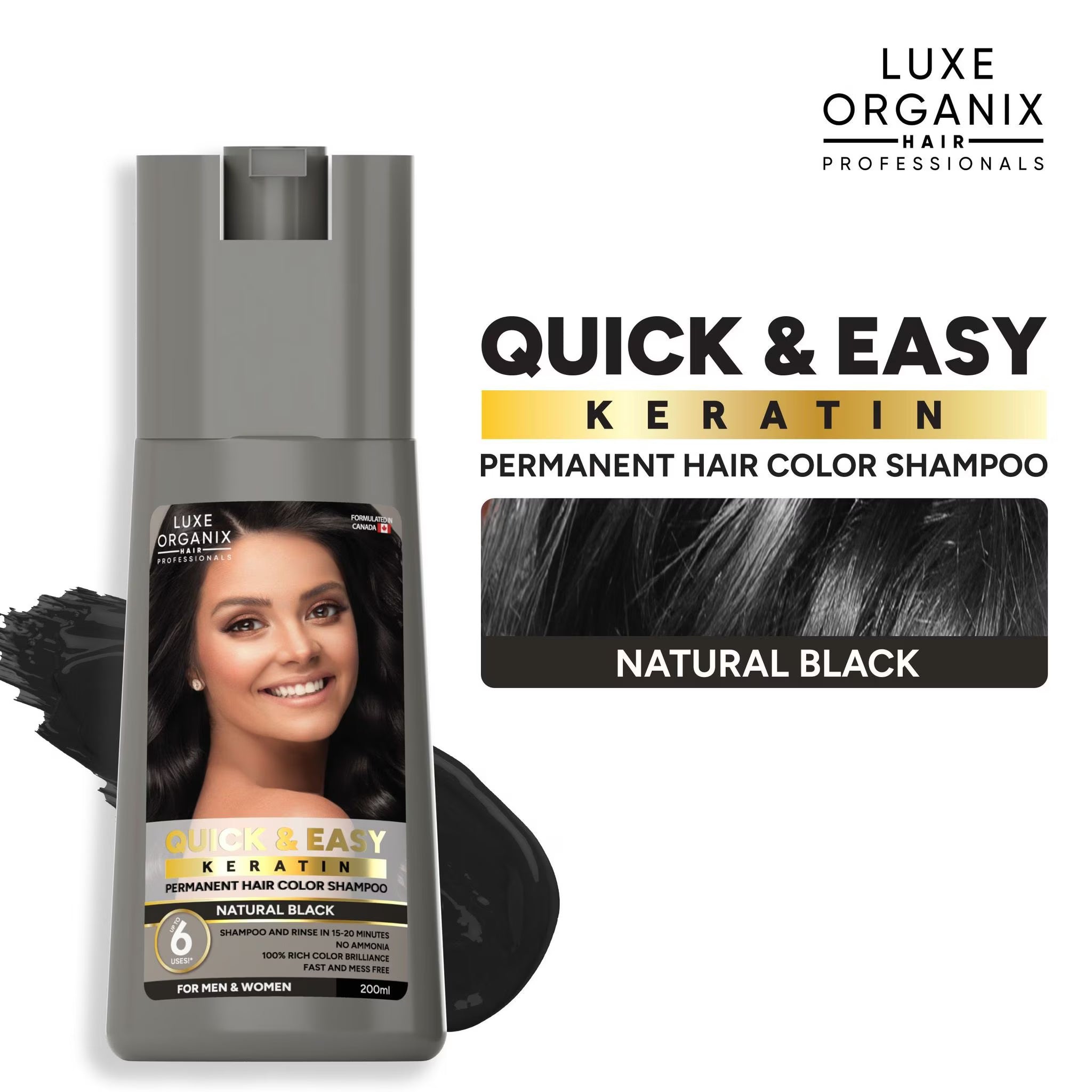 Luxe Organix hair color shampoo with a woman's face on the label, showing natural black hair.