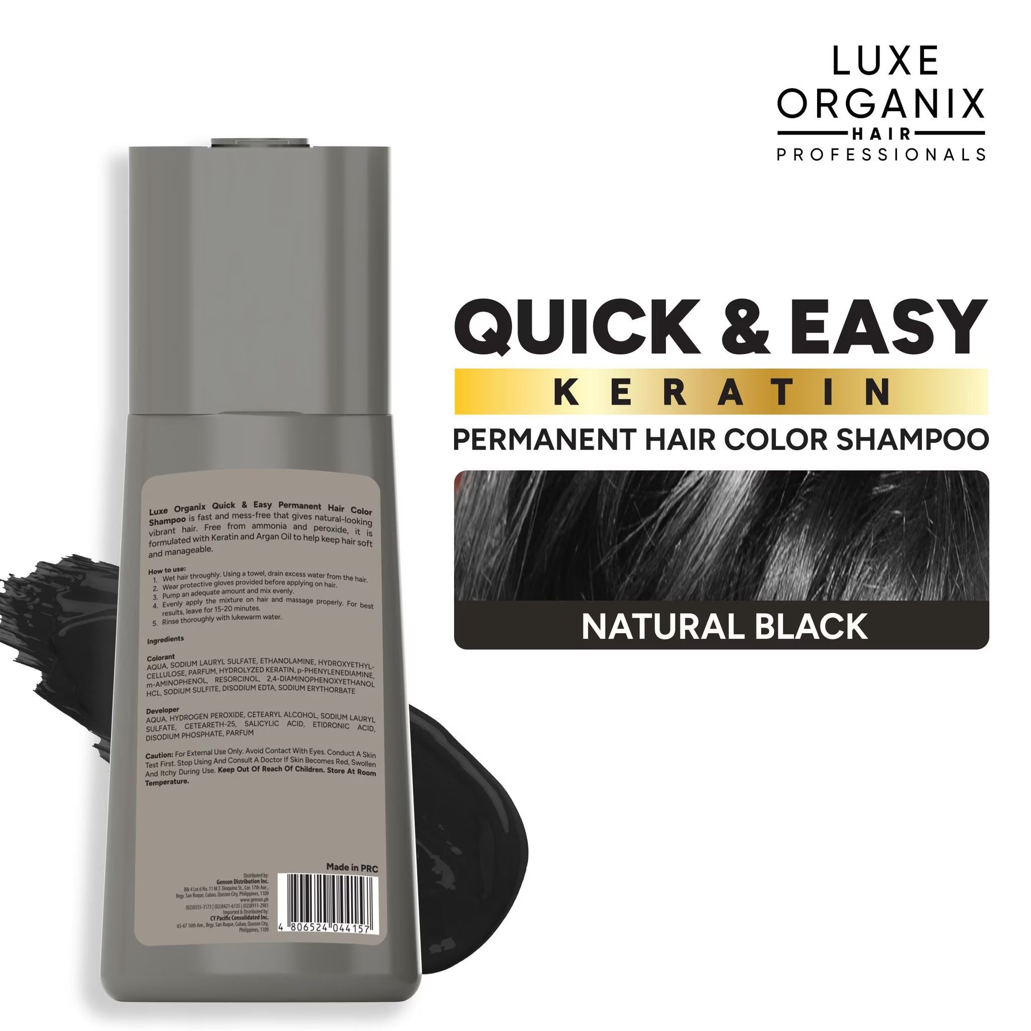 Luxe Organix hair color shampoo bottle with packaging design elements on a white background