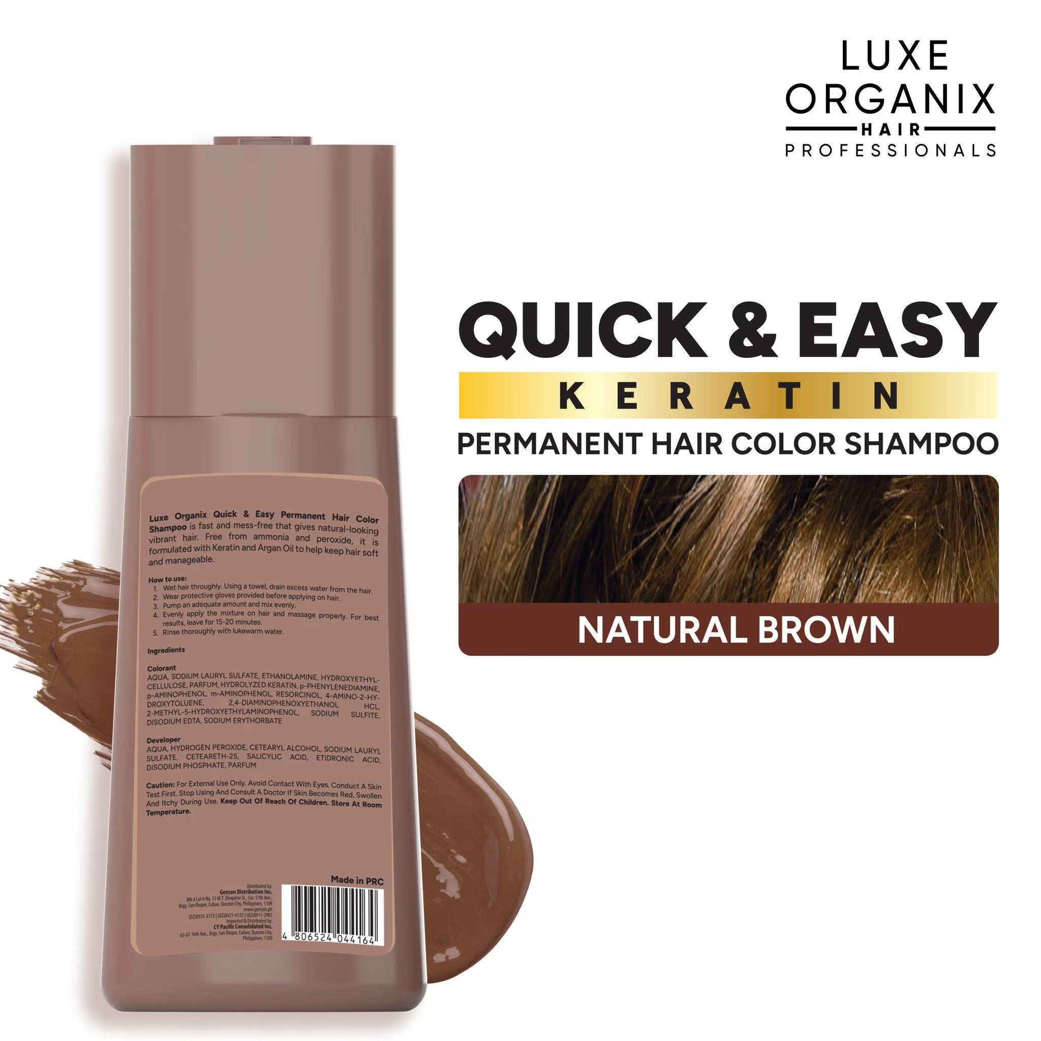 Luxe Organix hair color shampoo bottle with product details on a white background