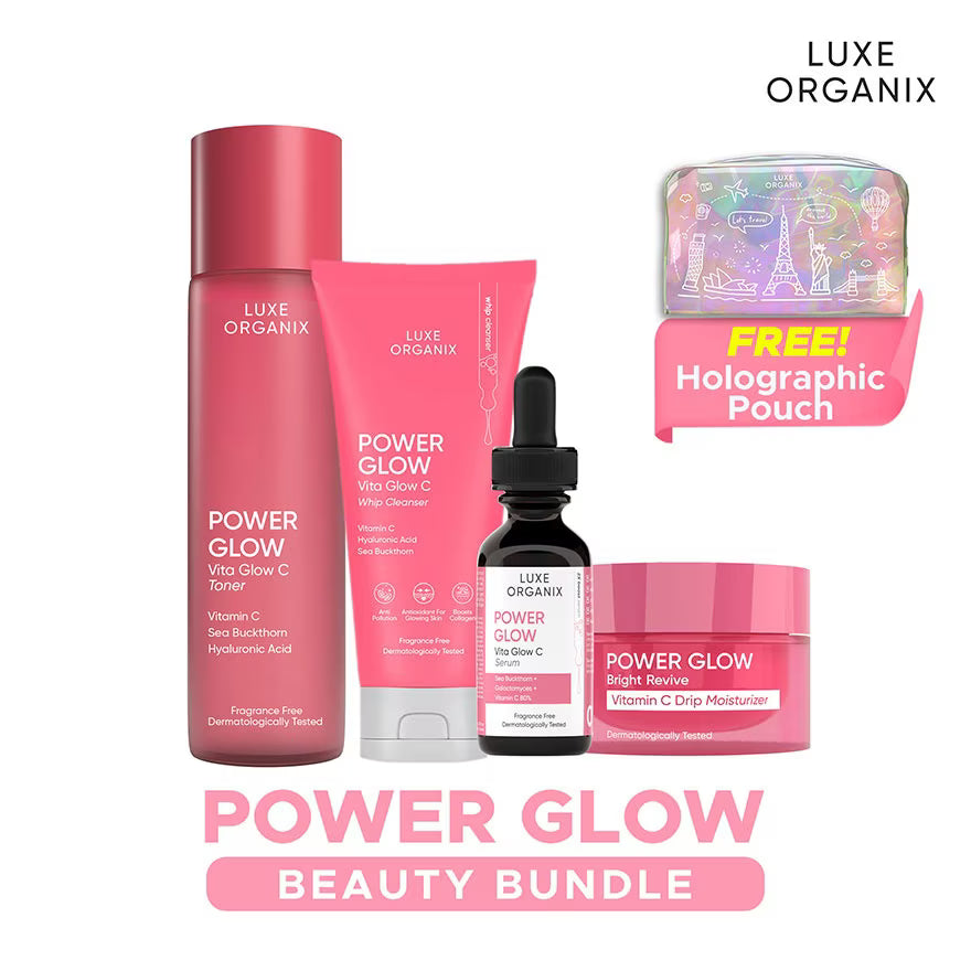 Luxe Organix Power Glow beauty bundle with pink and black products on a white background