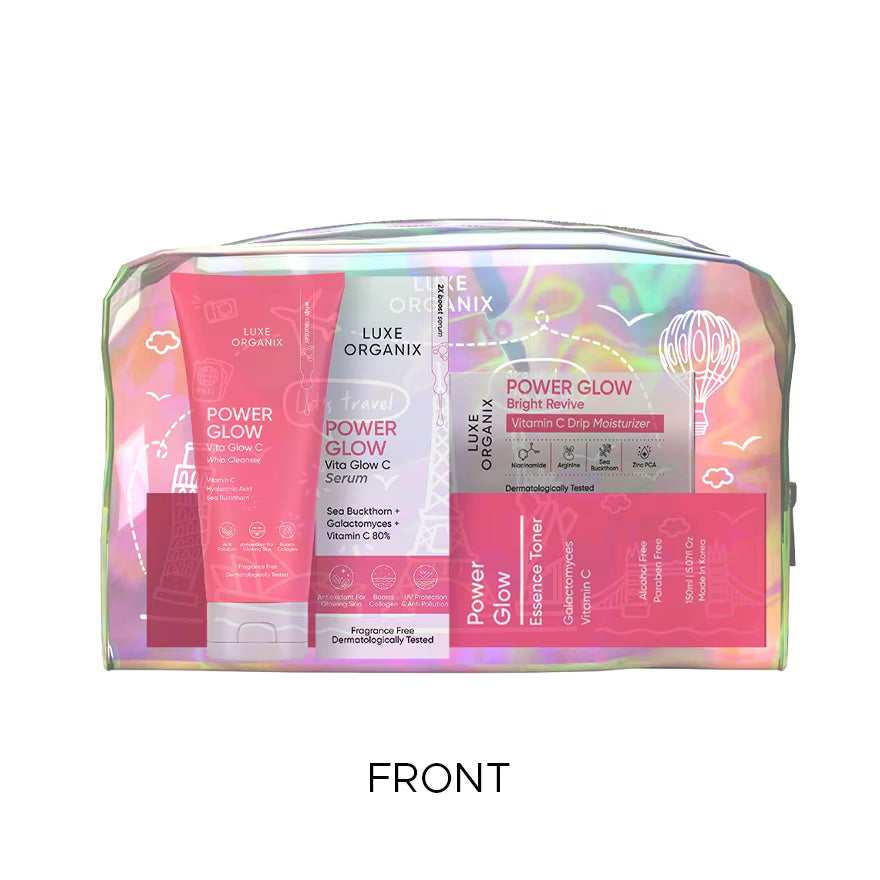 Luxury skincare product set in a colorful pouch with visible branding on a white background.