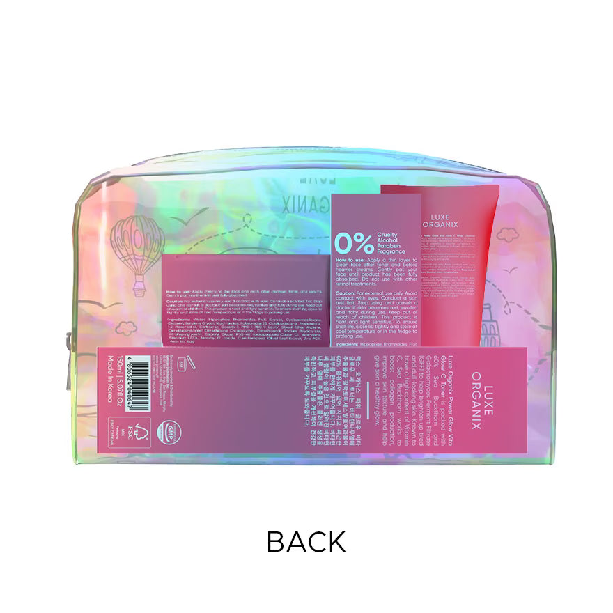 Back view of a cosmetic bag with product packaging inside on a white background