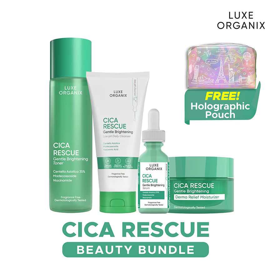Luxe Organix Cica Rescue beauty bundle with products and a free holographic pouch on a white background.
