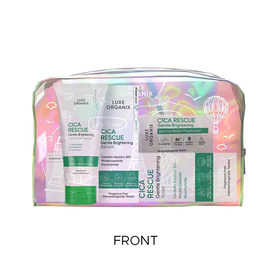 Luxie Organix Cica Rescue skincare set in a pastel pouch on a white background