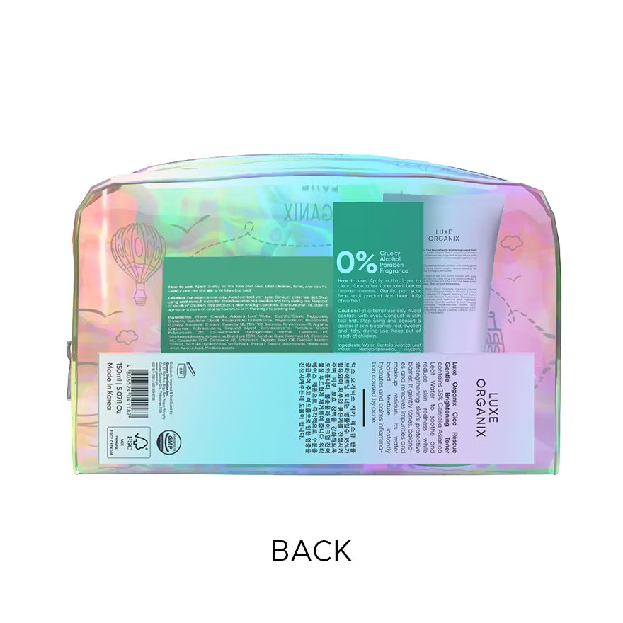 Back view of a colorful makeup bag with branding and product information.