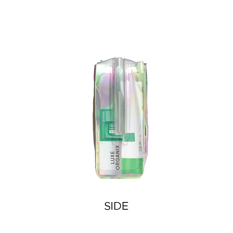 Transparent cosmetic bag with green and white label on a white background