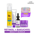 Luxe Organix Retinol + Bakuchiol beauty bundle with products and a free holographic pouch on a white background.