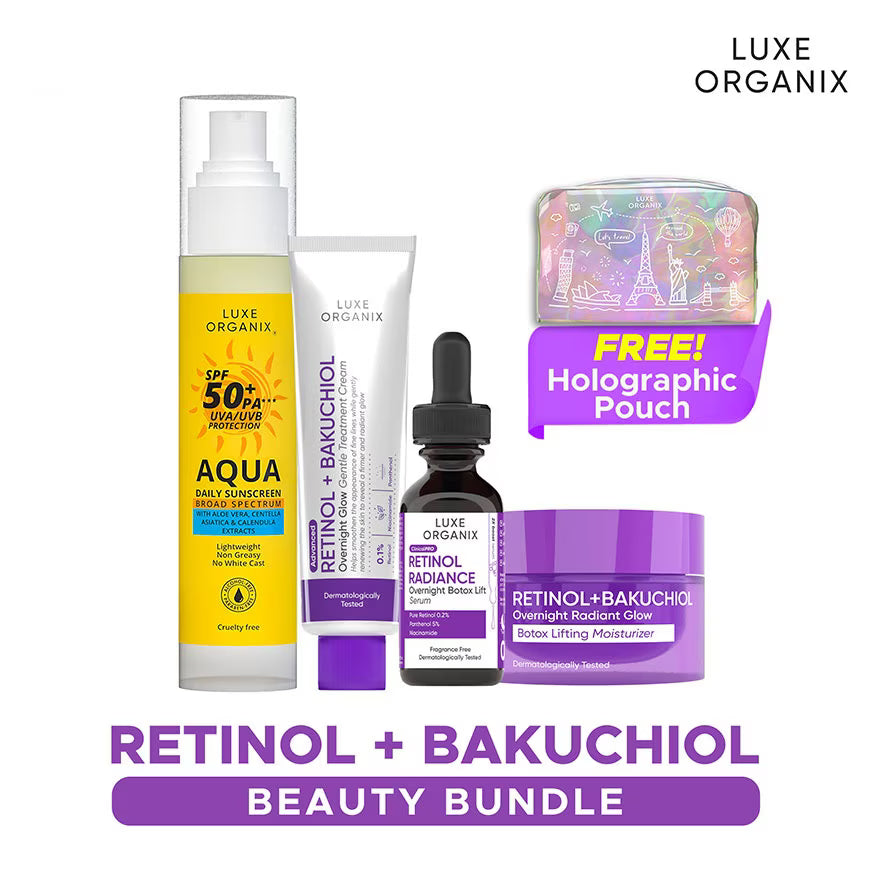 Luxe Organix Retinol + Bakuchiol beauty bundle with products and a free holographic pouch on a white background.