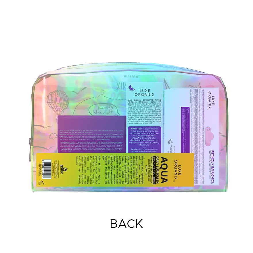 Back view of a colorful cosmetic bag with branding and product information.
