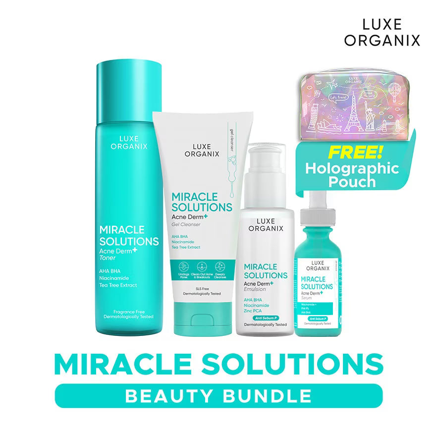 Luxe Organix Miracle Solutions beauty bundle with products and holographic pouch on a white background
