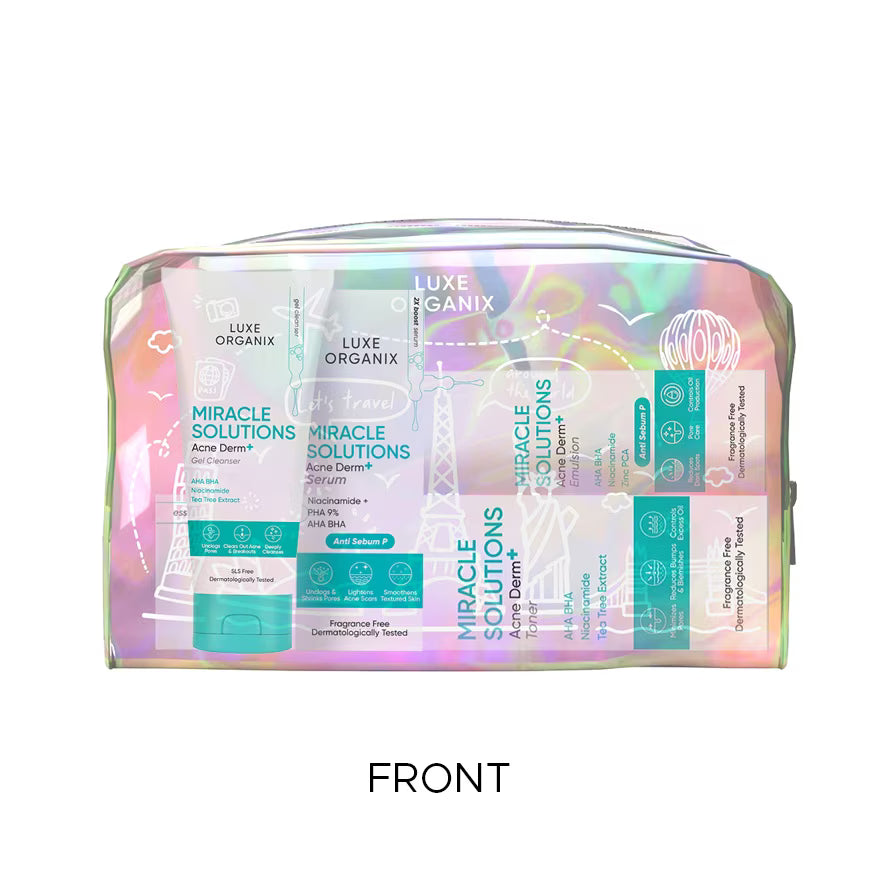 Cosmetic bag with 'Luxe Organix' and 'Miracle Solutions' products on a white background