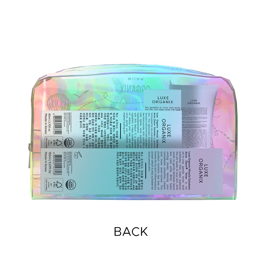 Iridescent makeup bag with Luxe Organix products on a white background