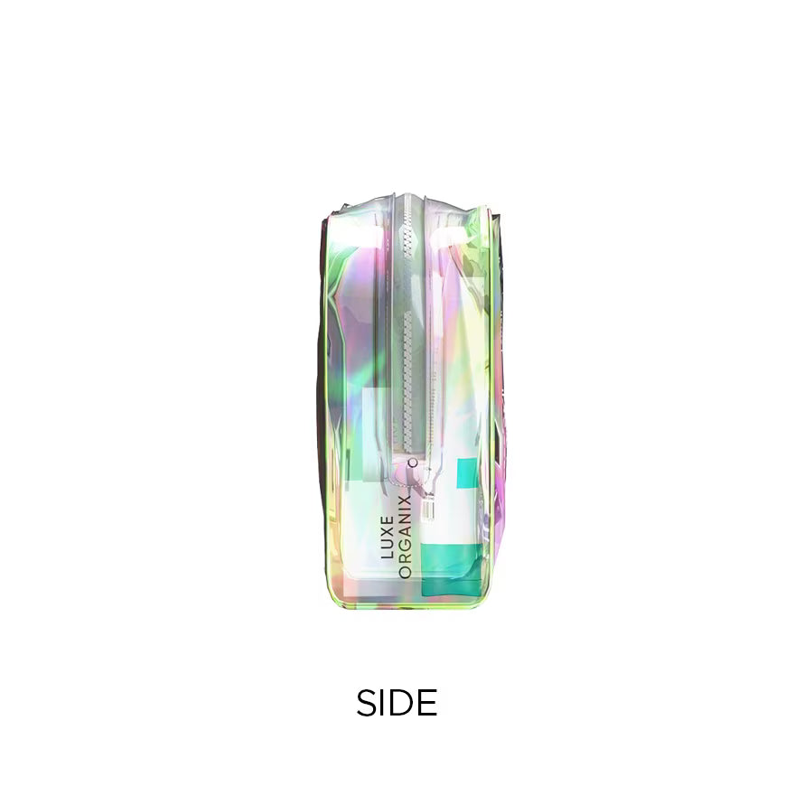 Multicolored cylindrical container with 'LUXE ORGANIX' branding on a white background