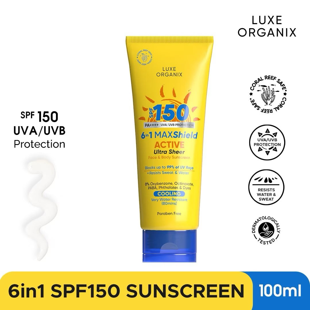 LUXE ORGANIX 6 in 1 Maxshield Active Ultra Sheer Face and Body Sunscreen  SPF150 100ml-Debsline.co
