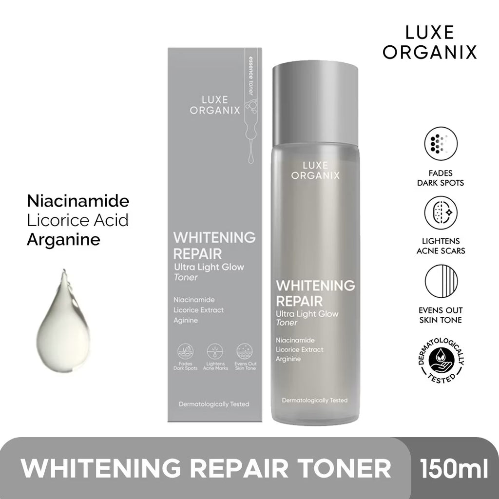 Luxe Organix Whitening Repair Ultra Light Glow Toner with packaging on a white background