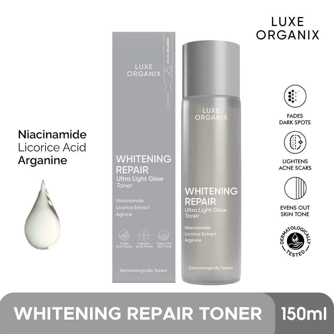 Luxe Organix Whitening Repair Ultra Light Glow Toner with packaging on a white background