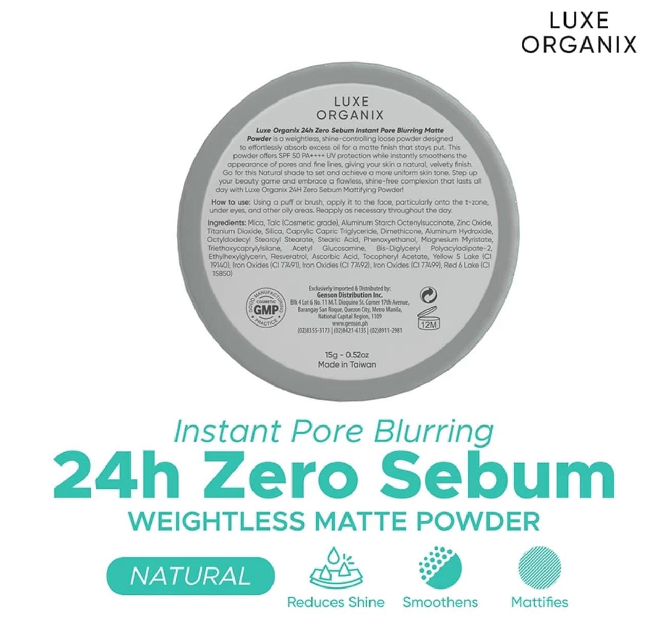 Luxe Organix Zero Sebum Instant Pore Blurring Matte Powder SPF50- 24h 15g - Debsline.co  -  