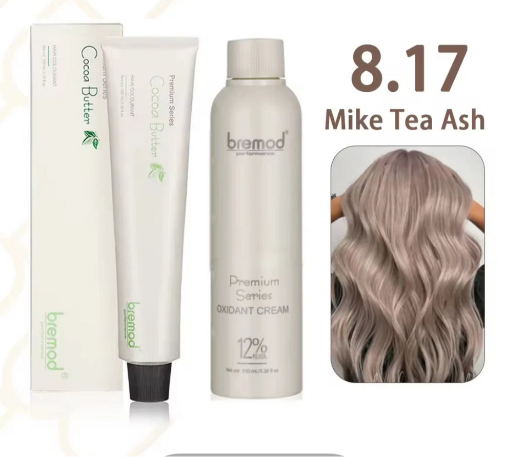 Hair care products including a tube and a bottle with 'bremod' branding, and a photo of blonde hair.