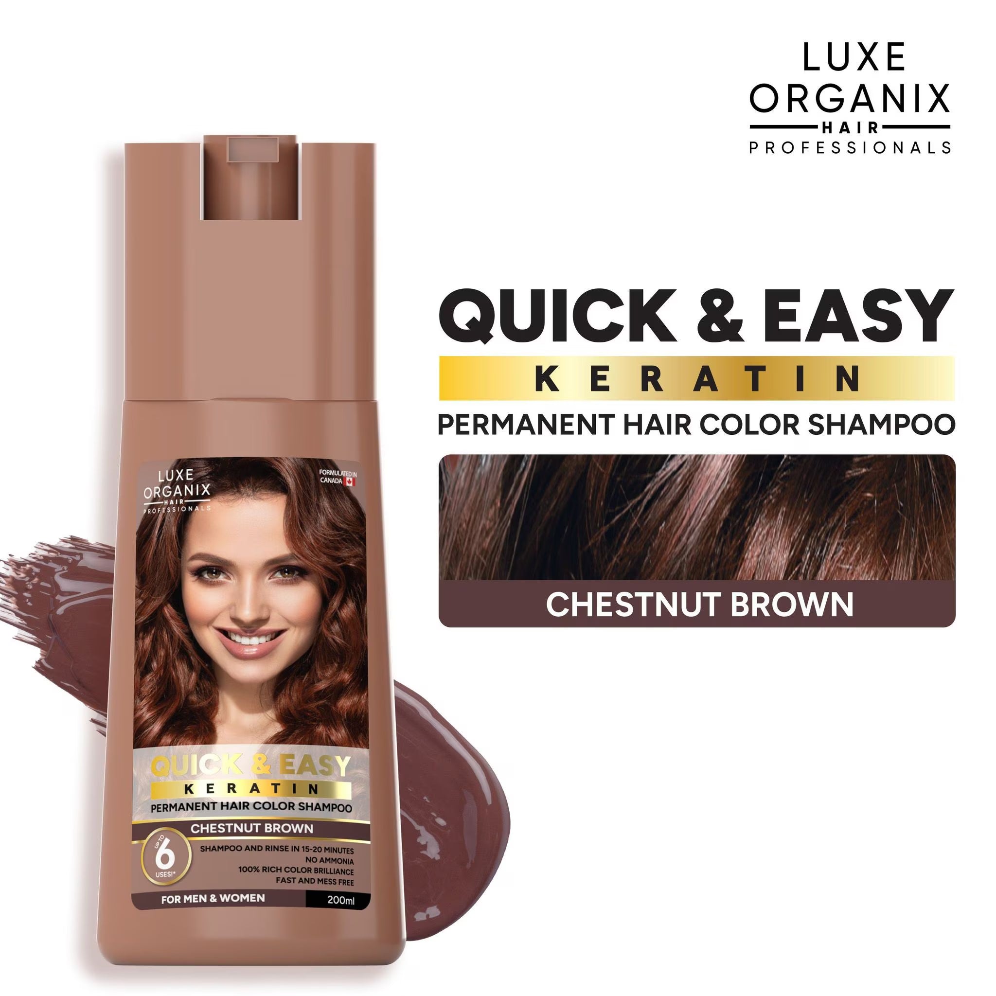 Luxe Organix Quick & Easy Keratin Permanent Hair Color Shampoo for chestnut brown hair on a white background.