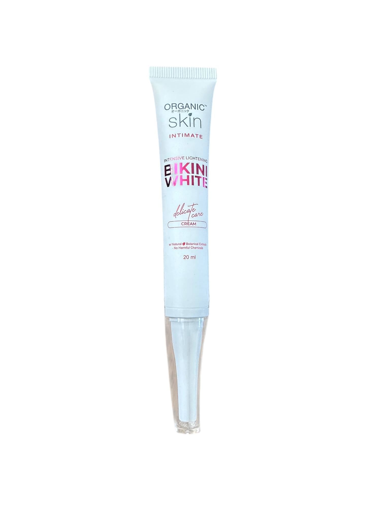Bikini whitening cream Skincare product tube on a white background