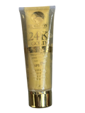 A squeeze tube of SpyGlow 24K Gold Brightening Whitening Lotion SPF 75, featuring a metallic gold design with a matching gold cap, set against a plain white background.