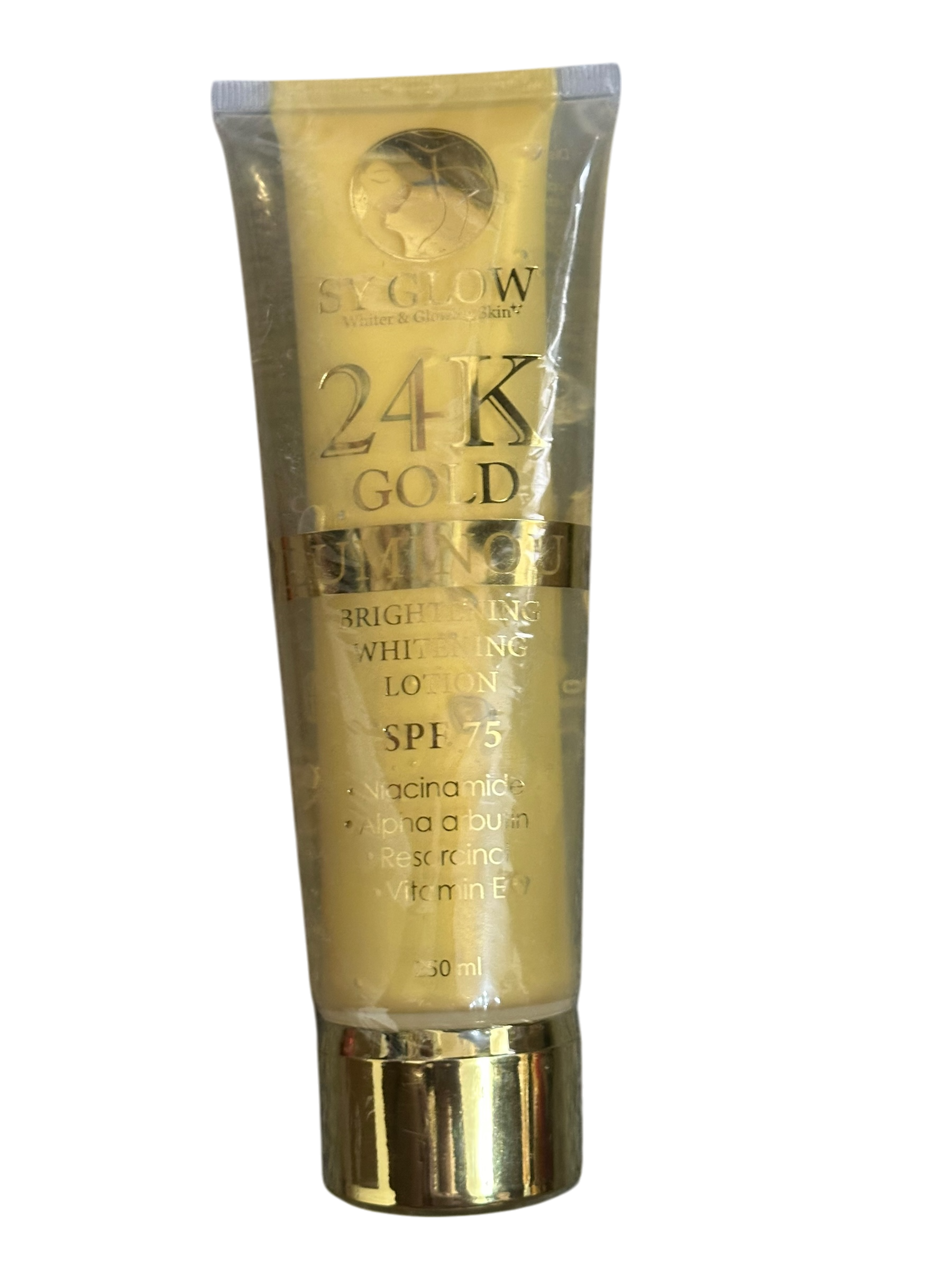 A squeeze tube of SpyGlow 24K Gold Brightening Whitening Lotion SPF 75, featuring a metallic gold design with a matching gold cap, set against a plain white background.
