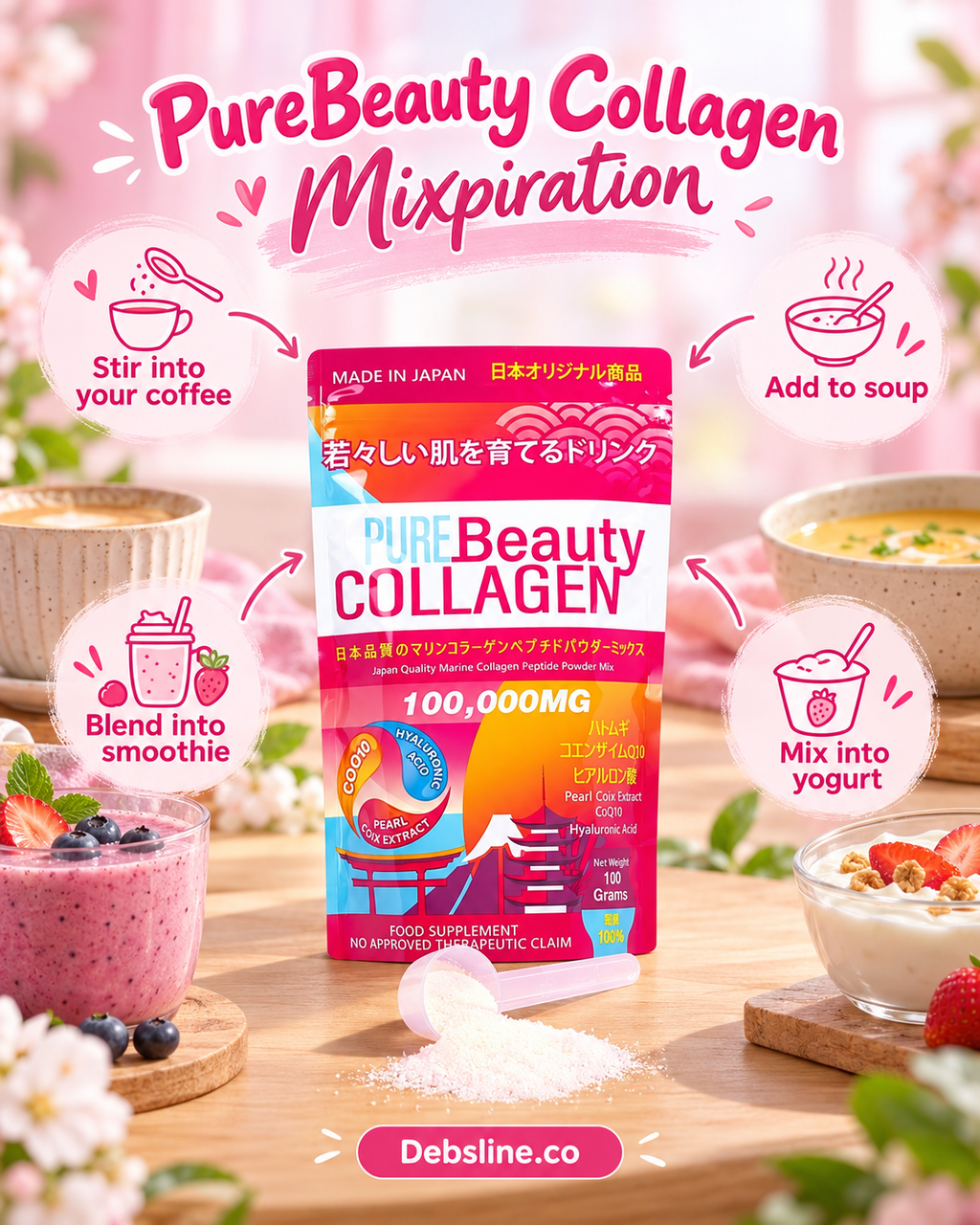 Pure Beauty Collagen Marine Fish Collagen Peptide Powder 100g – Made in Japan with Hyaluronic Acid, CoQ10 & Glutathione