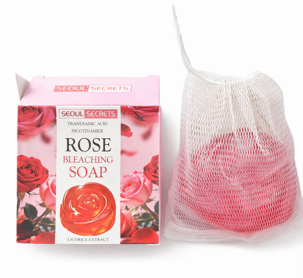Rose bleaching soap with packaging and mesh bag on a white background