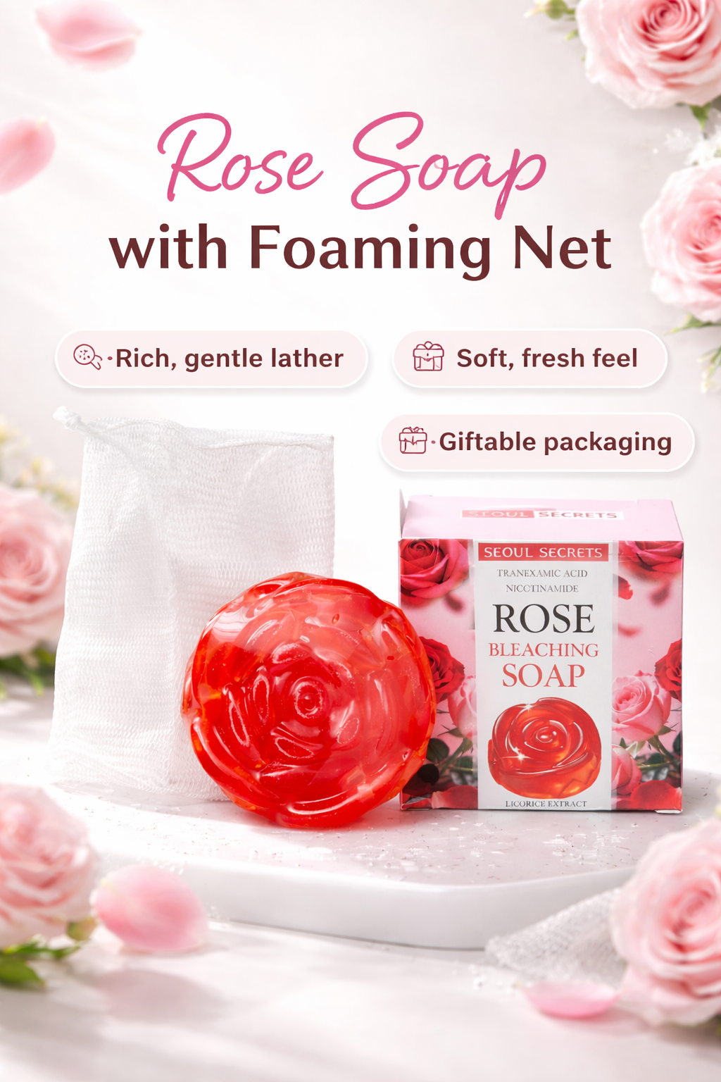 Rose soap with foaming net on a white background with pink roses.