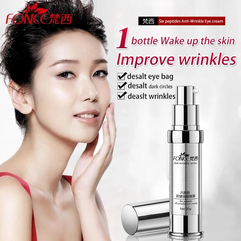 Advertisement for Fonce eye cream with a woman and product on a white background