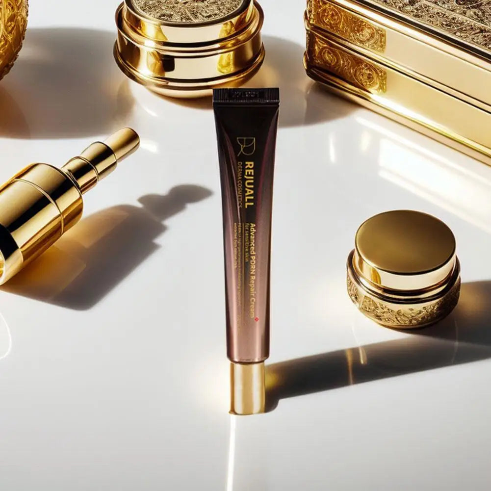 Gold and brown cosmetic products on a white surface