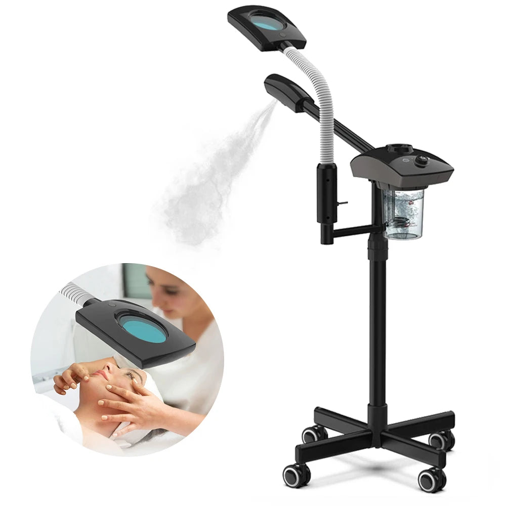 Portable facial steamer with a close-up inset showing its use on skin.