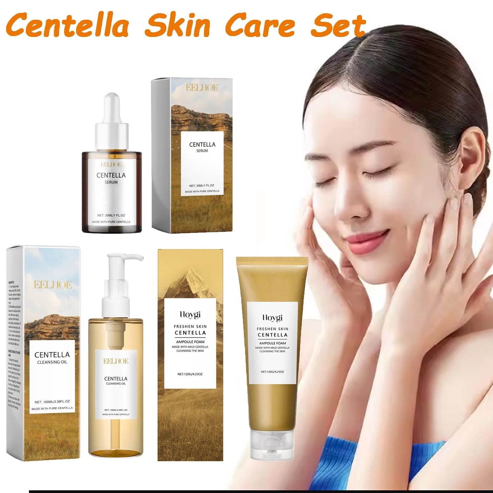 Centella skin care set with a woman touching her face, featuring various skincare products and packaging.