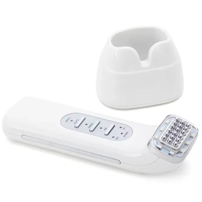 White electronic device with control panel and LED lights on a white background