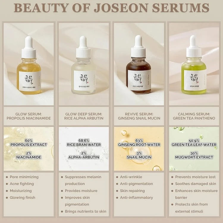 Four bottles of Joseon Serums with their ingredients and benefits displayed.