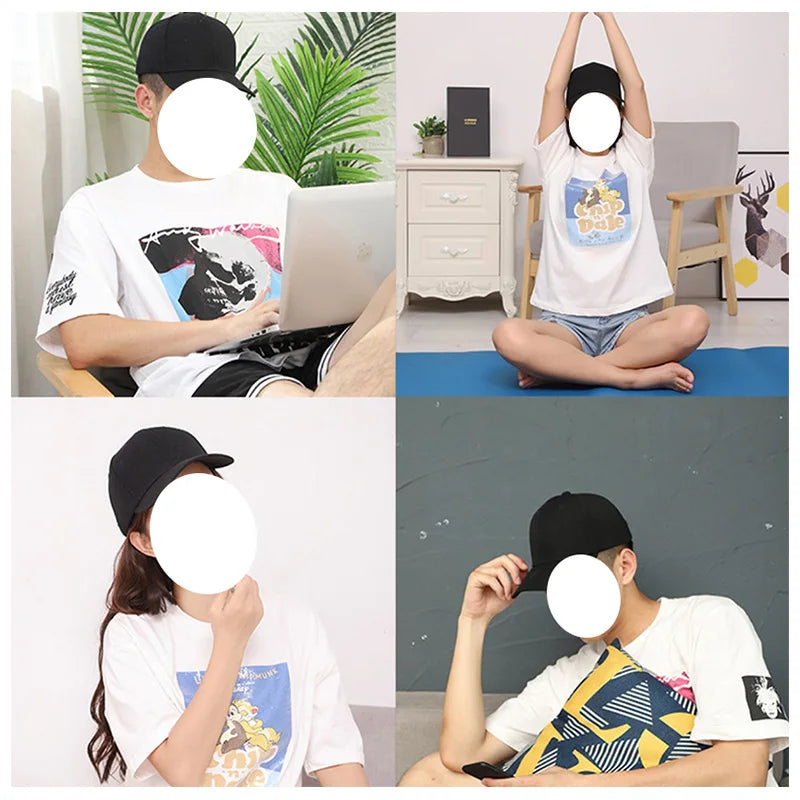 Collage of four images featuring a person wearing a white t-shirt with a graphic design, sitting in different poses.