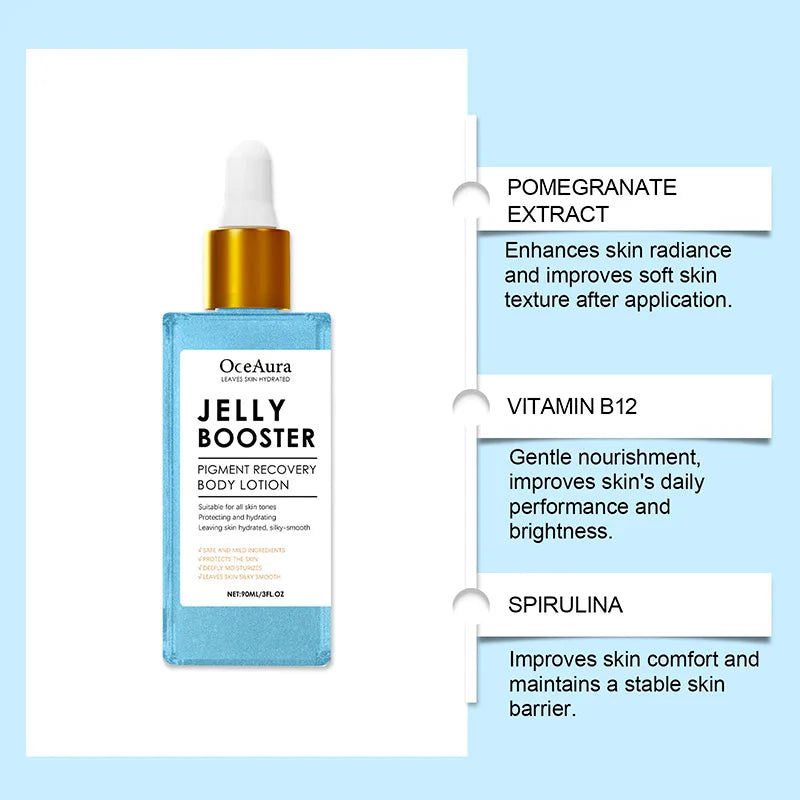OceAura Jelly Booster with dropper and product details on a light blue background